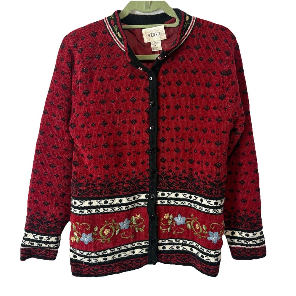 Jenny Red Acrylic Blend Floral Beaded Embroidered Button-Up Cardigan Size M